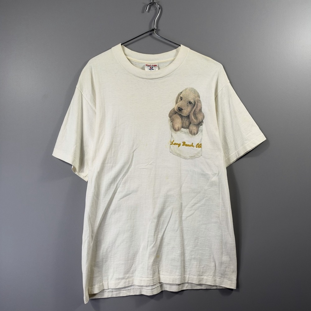 Vintage Softee Long Beach CA Dog Shirt Mens Large White Puppy Graphic Tee